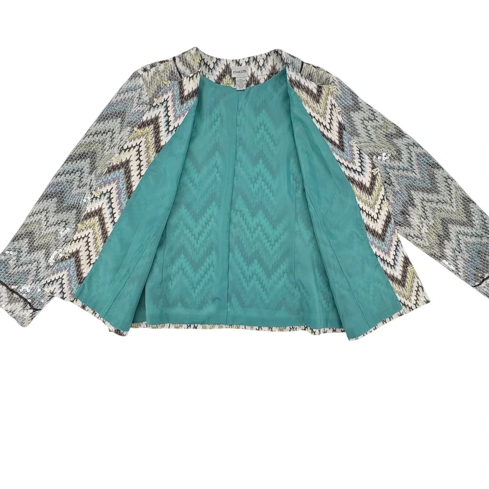 Chicos Sequin Chevron Zigzag Jacket Blue Green Metallic Hook Eye‎ Size 3 XL